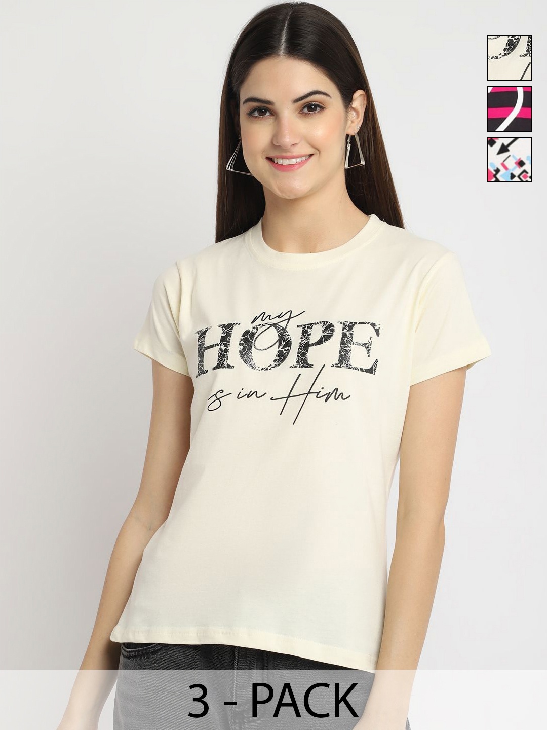 

Dreambe Women Pack of 3 Typography Printed Round Neck Cotton T-shirts, Cream