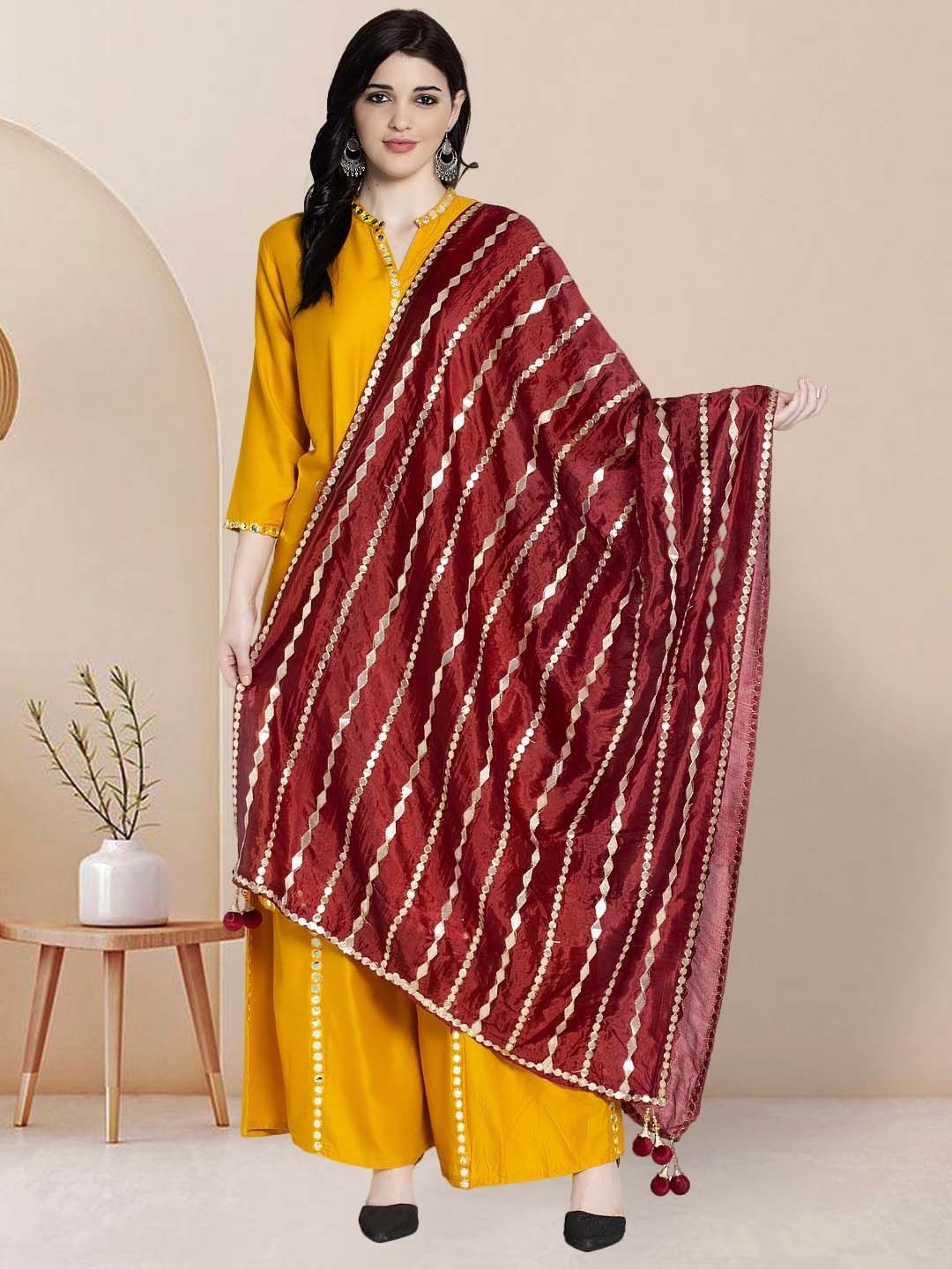 

Moda Rapido Striped Dupatta With Gotta Patti, Maroon
