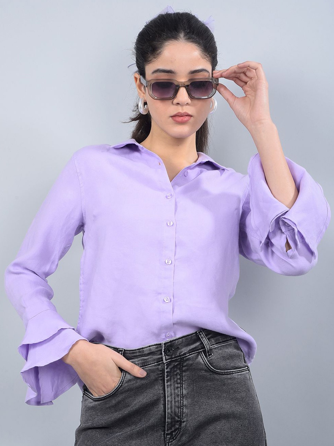 

Crimsoune Club Spread Collar Flared Sleeves Cotton Shirt, Purple