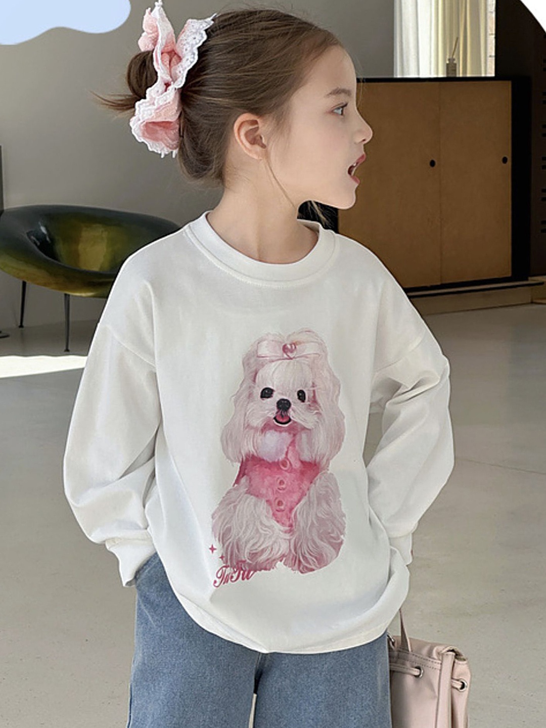 

LULU & SKY Girls Graphic Printed Round Neck Cotton Oversized T-shirt, White