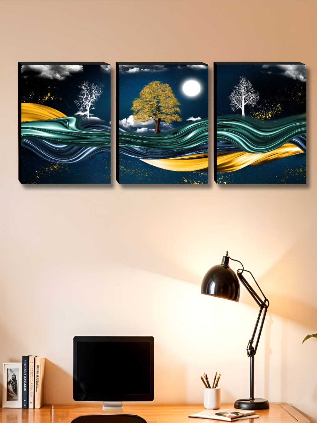

Myntra Elegant Homes Blue & Gold-Toned 3 Pieces Tree & Moon Printed Wall Art