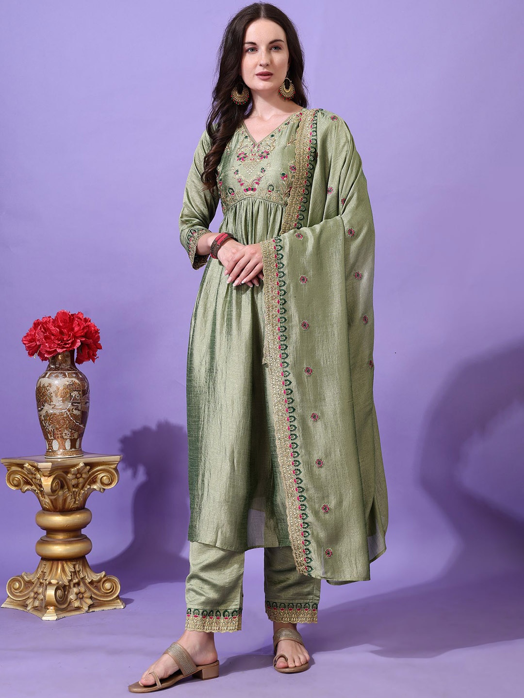 

KALINI Floral Yoke Design V-Neck Thread Work Anarkali Kurta With Palazzos And Dupatta, Green