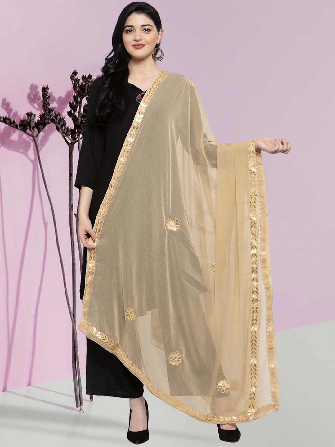 

Moda Rapido Floral Embroidered Thread Work Dupatta, Beige