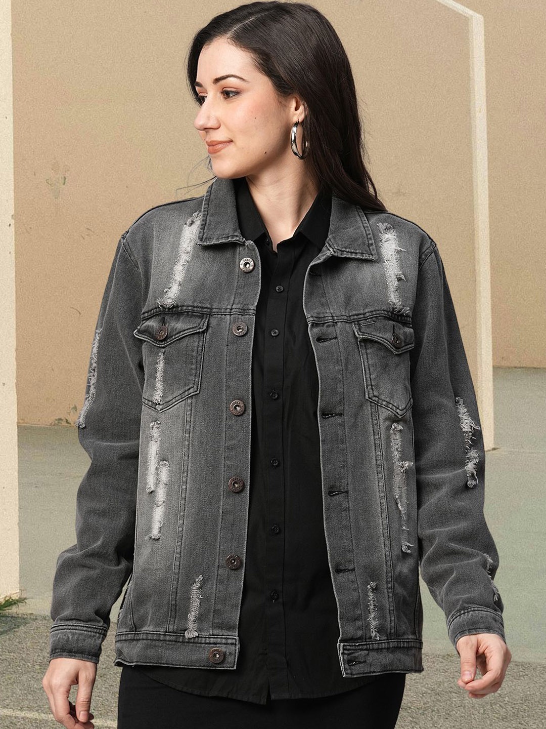 

PRONK Washed Checked Cotton Longline Distress Denim Jacket, Black