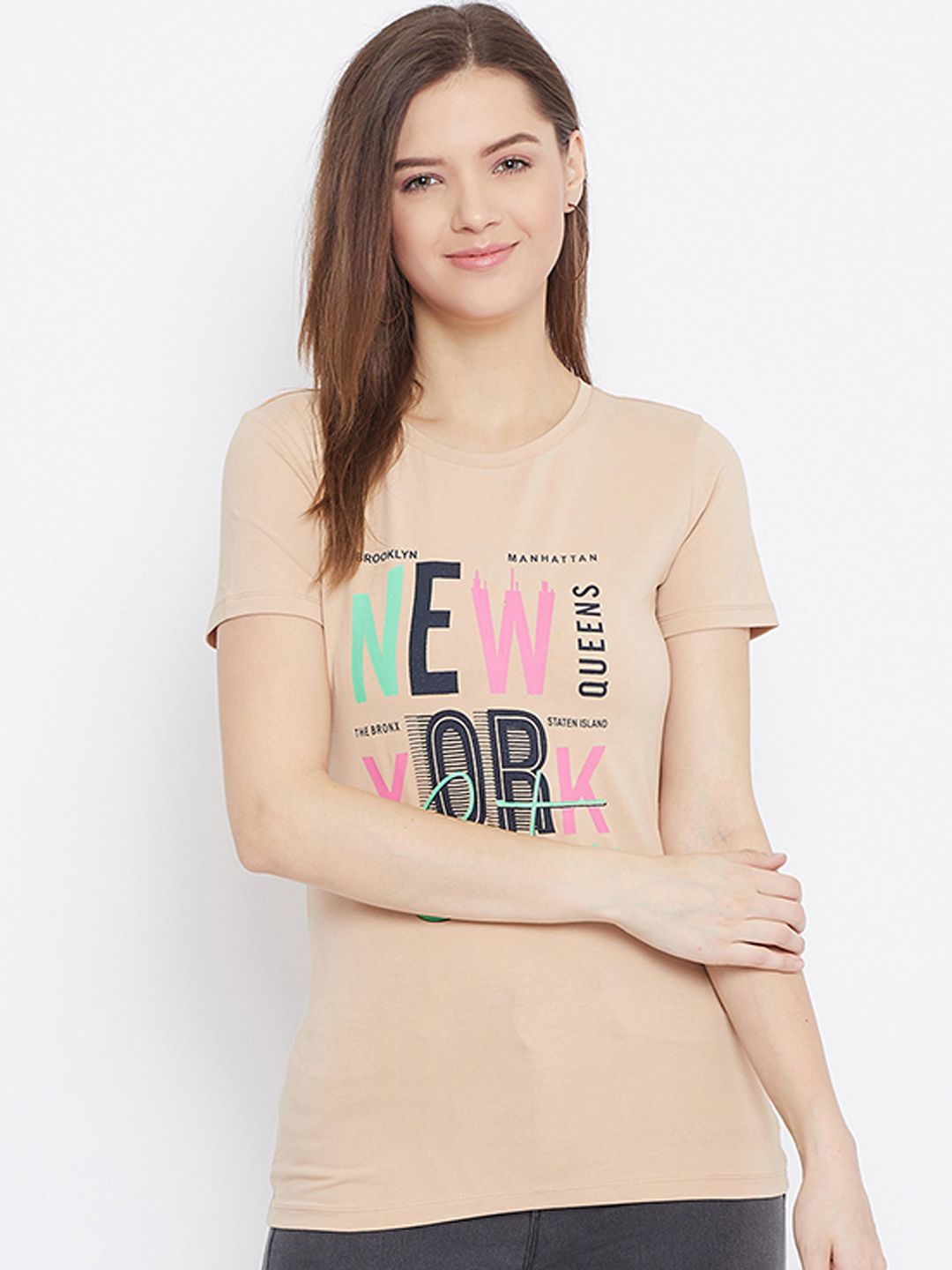 

Bishop Women Printed Round Neck Cotton Top, Beige