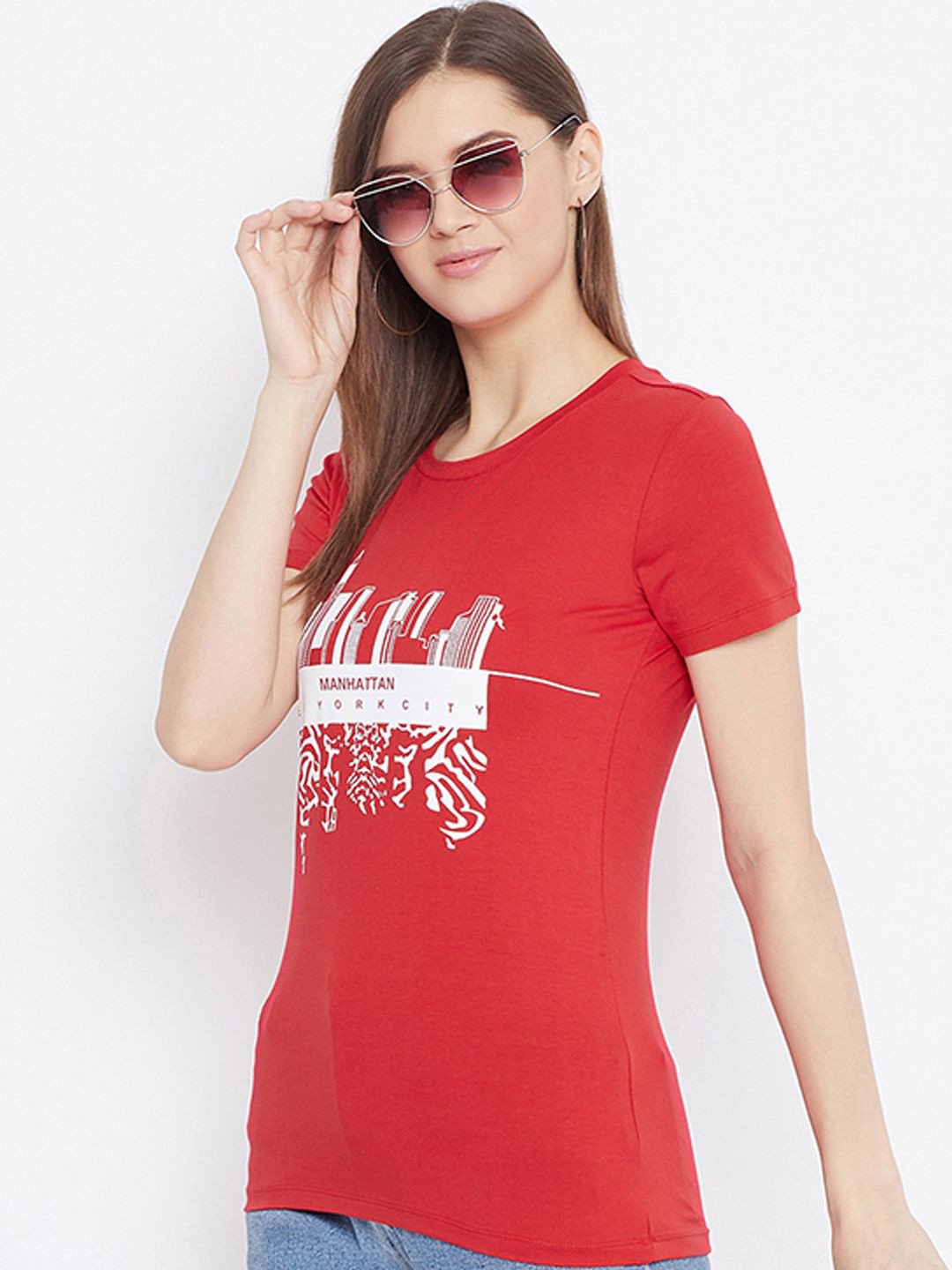 

Bishop Cotton Women Printed Round Neck Short Sleeves Top, Red