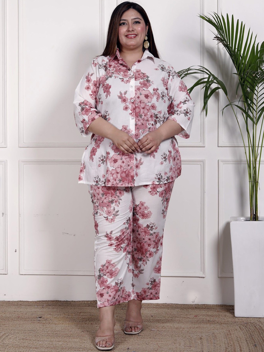 

Swasti Floral Printed Shirt Pure Cotton Plus Size Shirt With Trouser, Pink