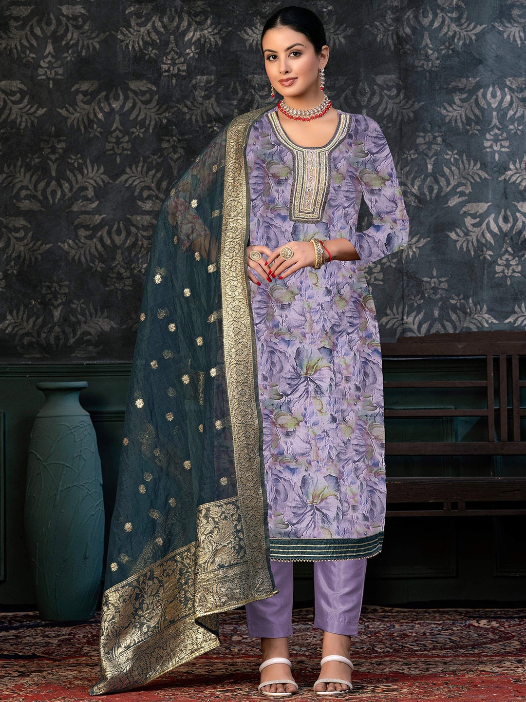 

SHADOW & SAINING Floral Printed Organza Semi-Stitched Dress Material, Purple
