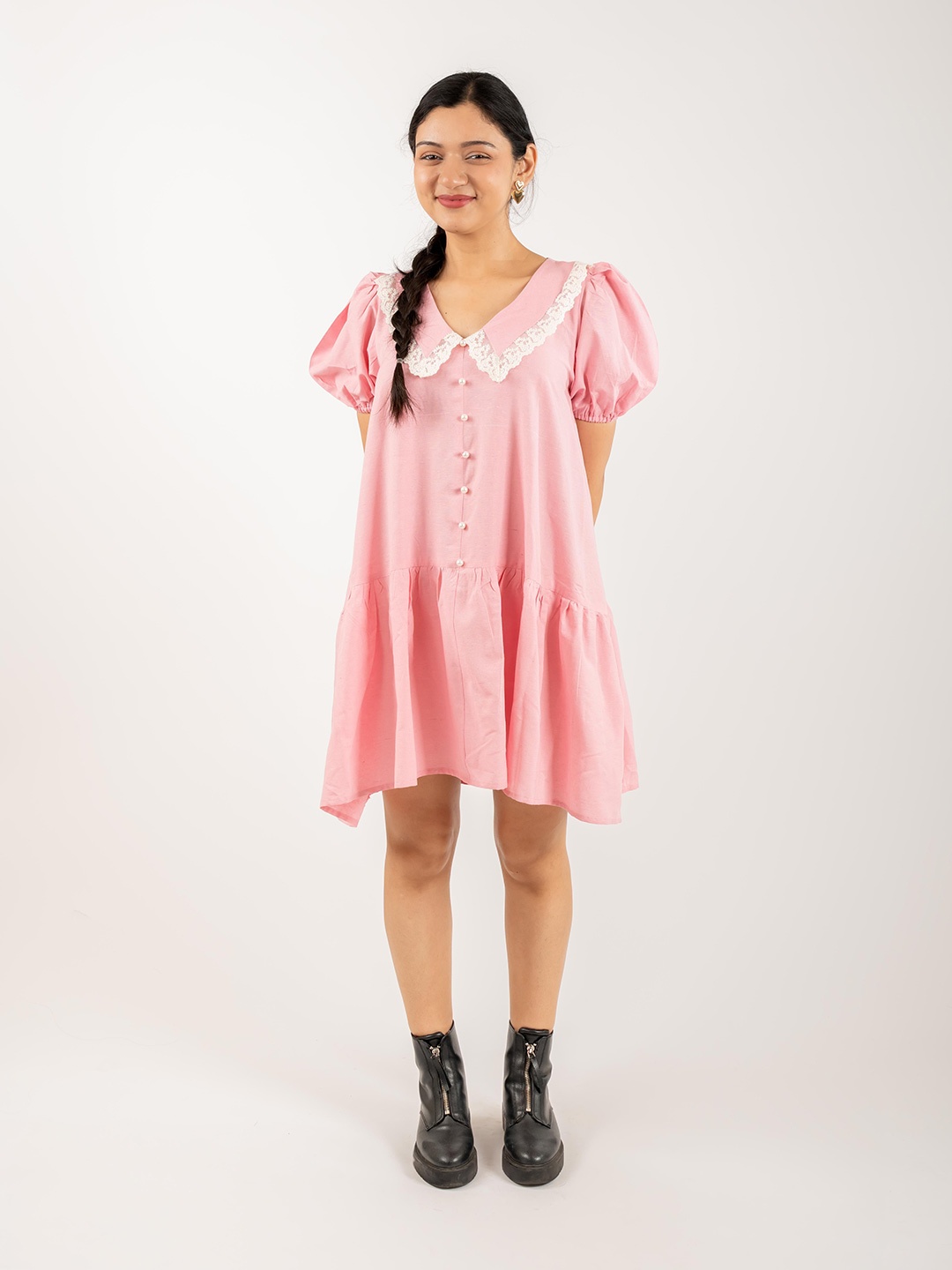 

MONOMEE Above the Keyboard Collar Puff Sleeves Cotton Drop-Waist Dress, Pink