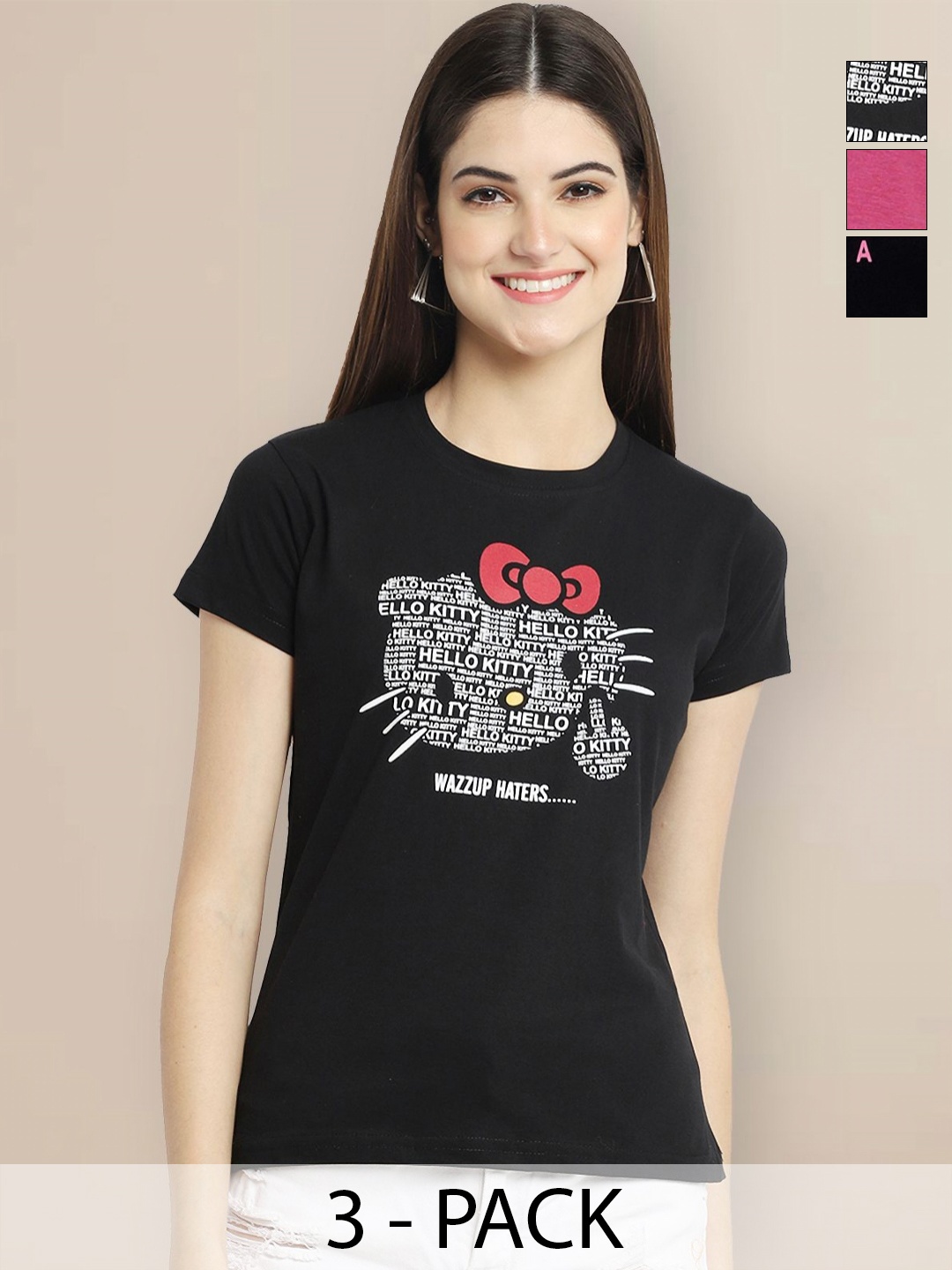 

Metronaut Pack Of 3 Typography Printed Round Neck Short Sleeves Cotton T-shirts, Black