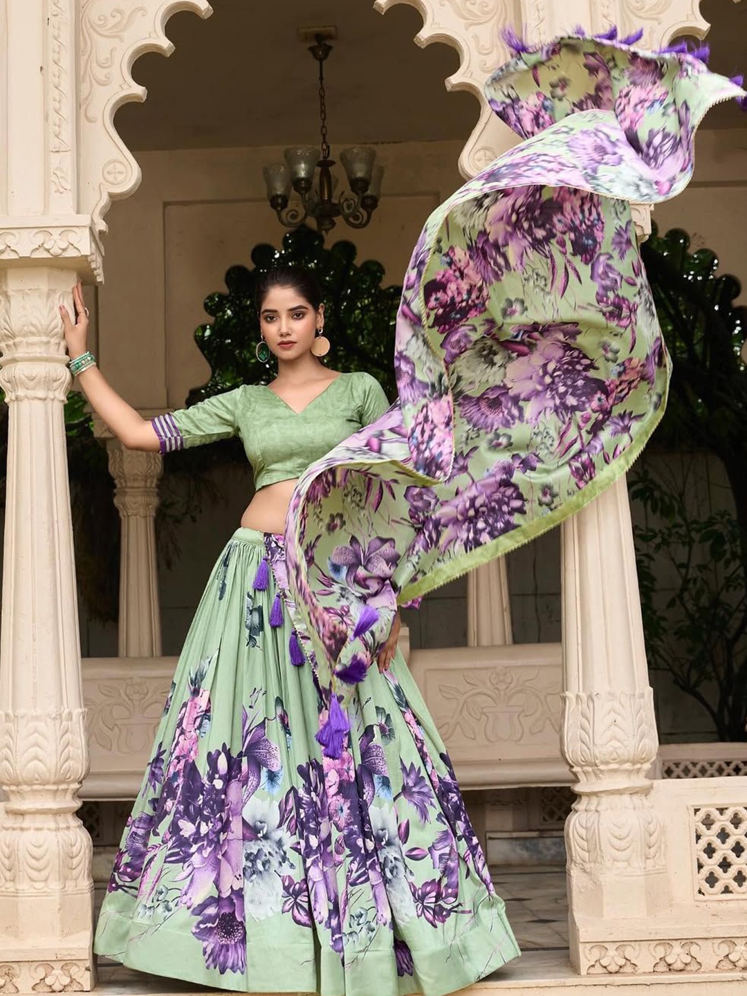 

RADHVI BIZ Floral Printed Silk Ready to Wear Lehenga & Blouse With Dupatta, Green
