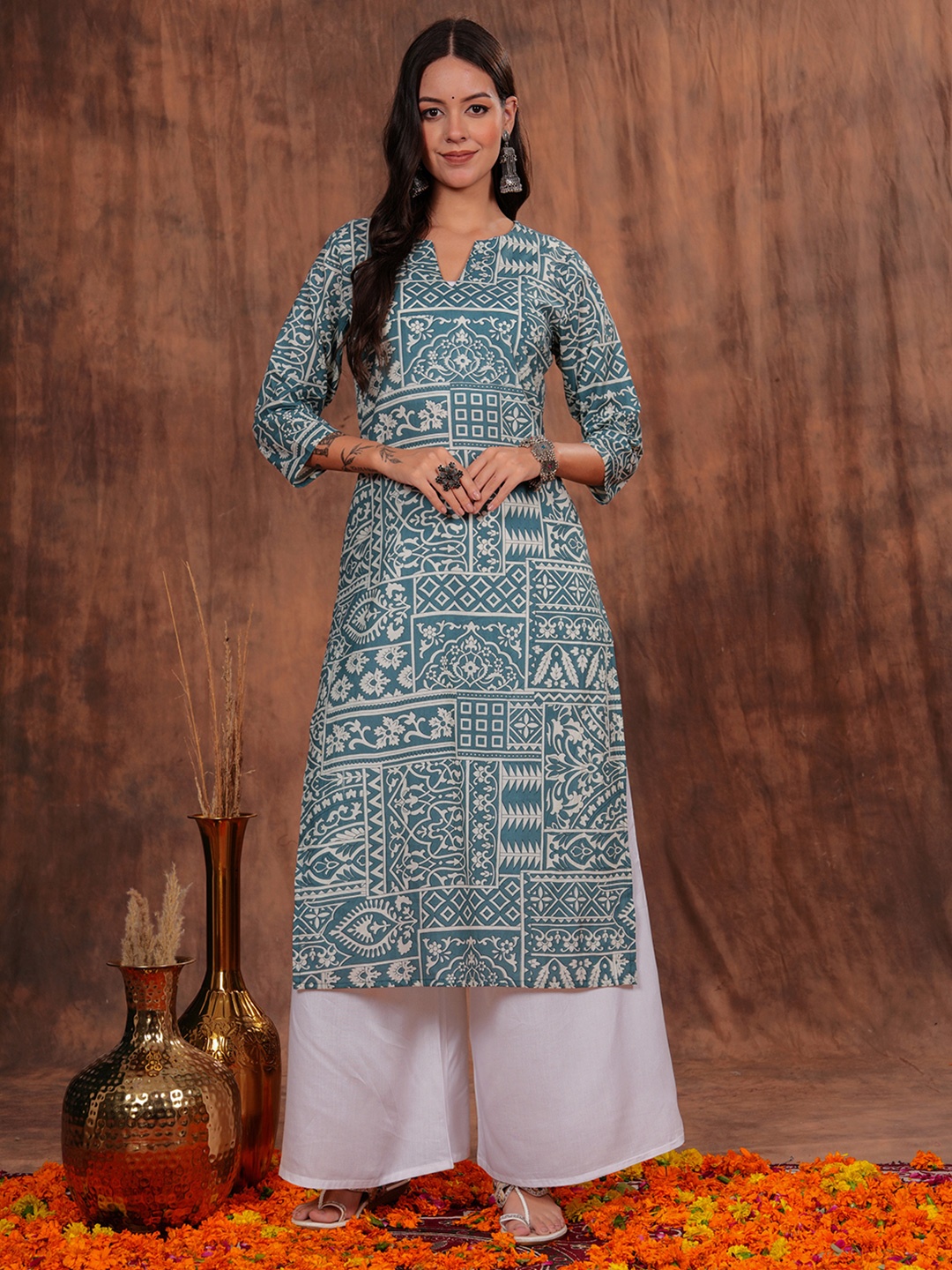 

HIBIKI Ethnic Motifs Printed Round Neck Cotton Straight Kurta, Teal