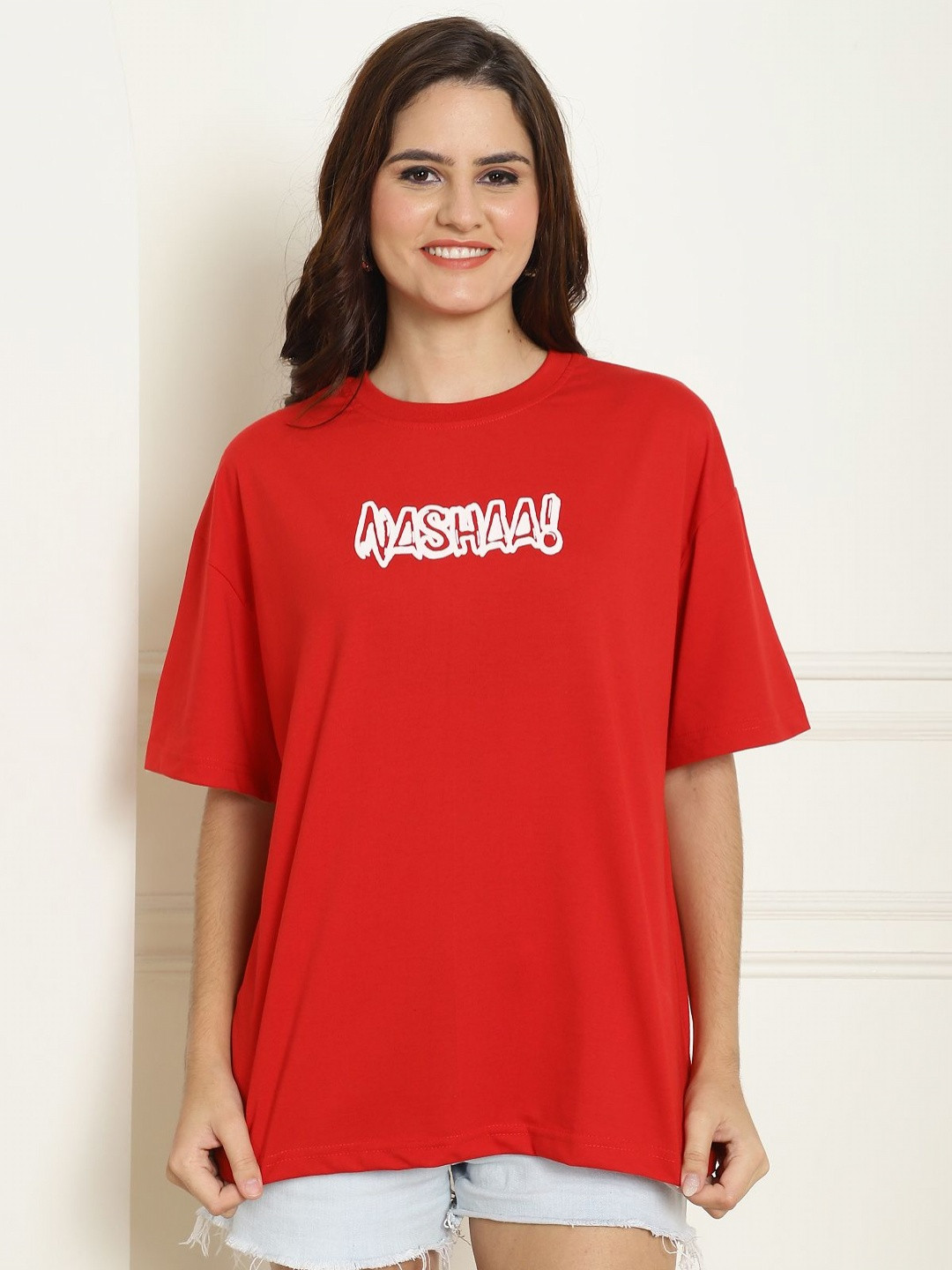 

Tromko Women Graphic Printed Round Neck Cotton Oversized T-shirt, Red