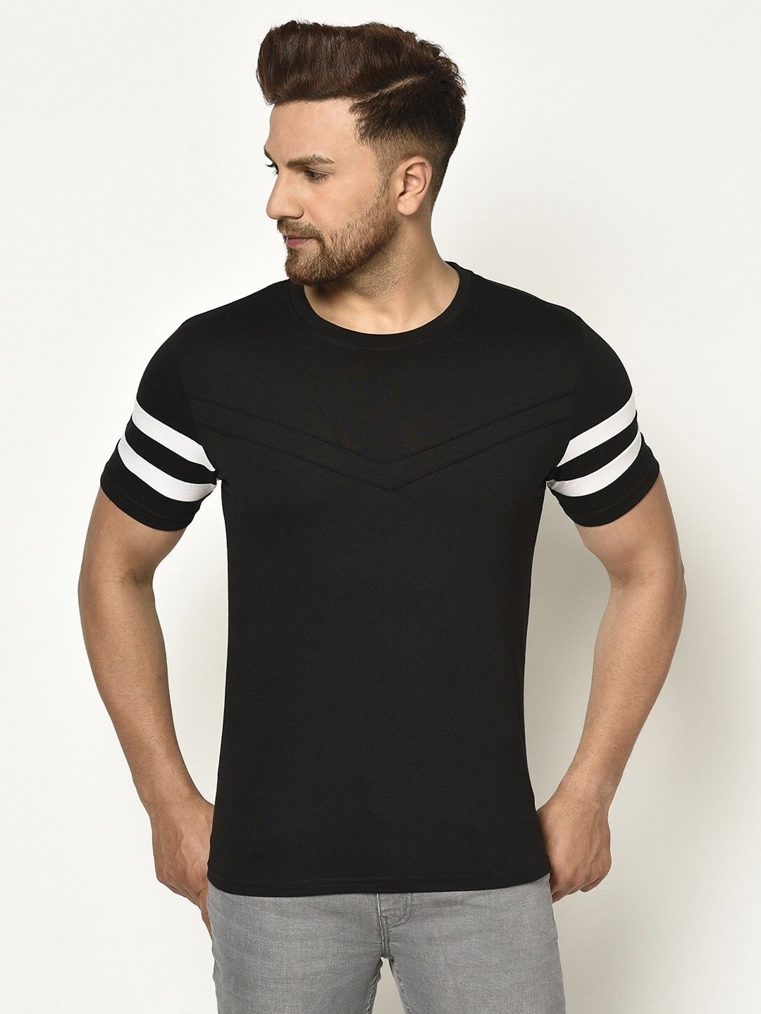 

Unicus Apparel Men Striped Round Neck Cotton T-shirt, Black