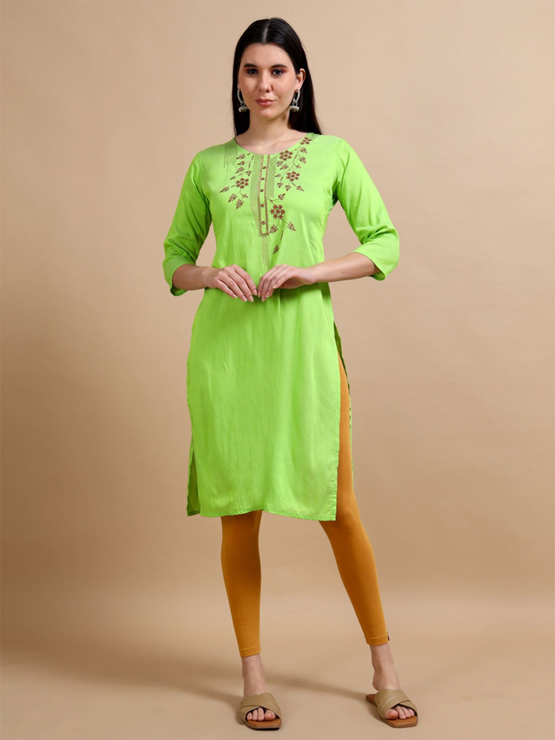 

MIRAAN Floral Embroidered Cotton Silk Thread Work Straight Kurta, Green