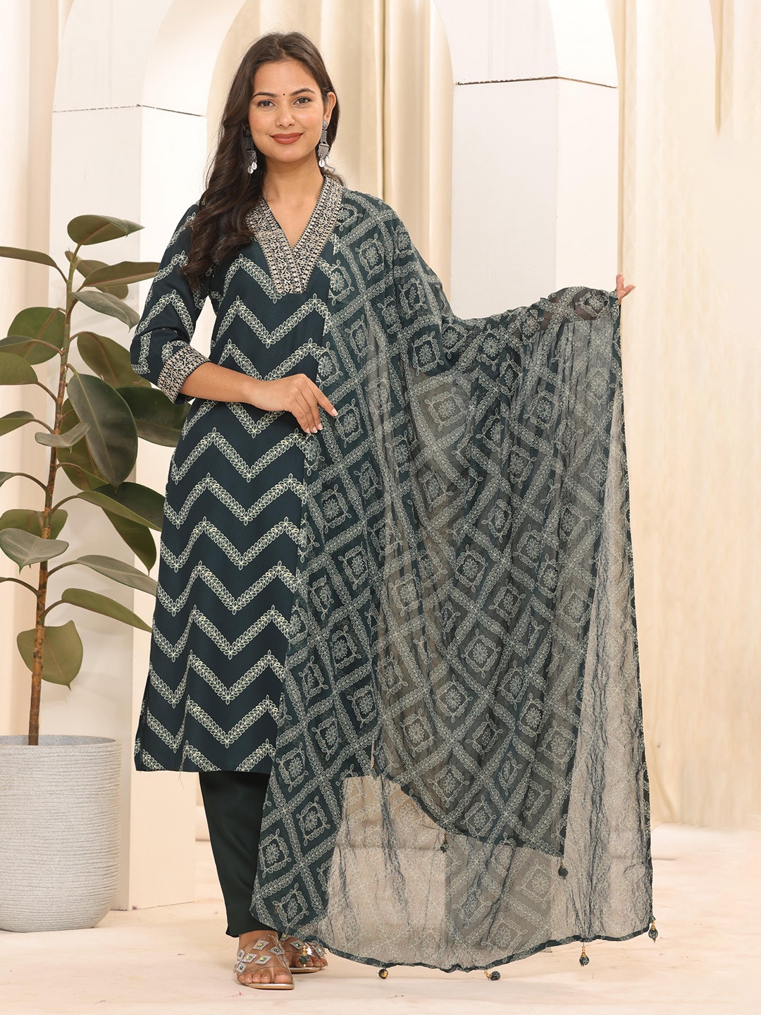 

KALINI Floral Printed V-Neck Sequinned A-Line Kurta With Trousers & Dupatta, Green