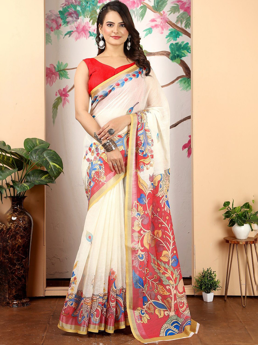 

Sarvada Kalamkari Printed Pure Cotton Saree, White
