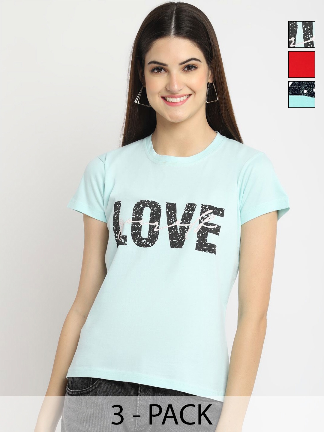 

Dreambe Women Pack of 3 Typography Printed Round Neck Cotton T-shirts, Red