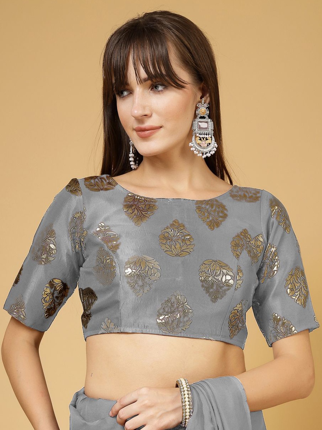 

Oomph! Women Woven Design Jacquard Traditional Saree Blouse, Grey