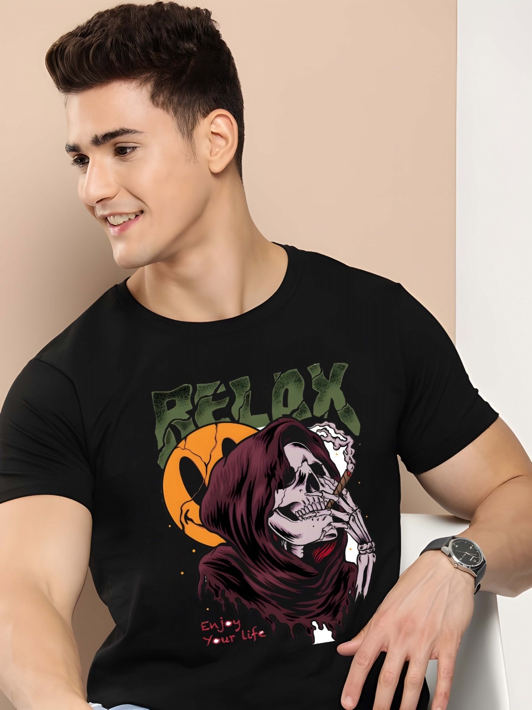 

THE BEETEL HOUSE Graphic Printed Half Sleeves Round Neck Pure Cotton T-shirt, Black