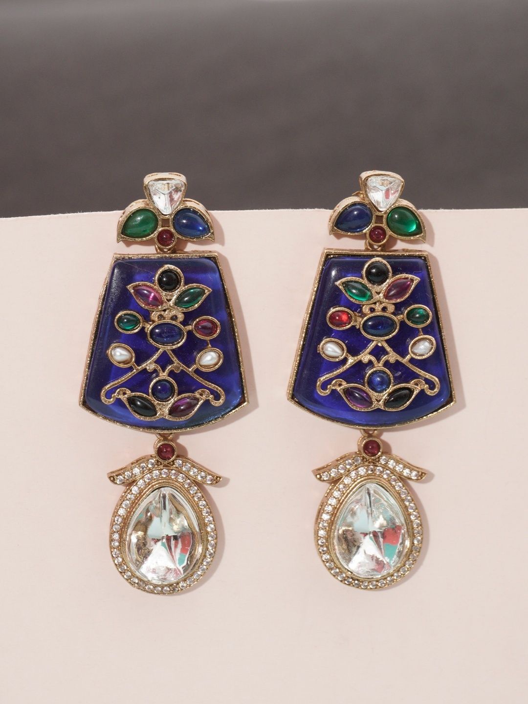 

Niscka Gold-Plated American Diamond Studded Contemporary Shaped Drop Earring, Navy blue