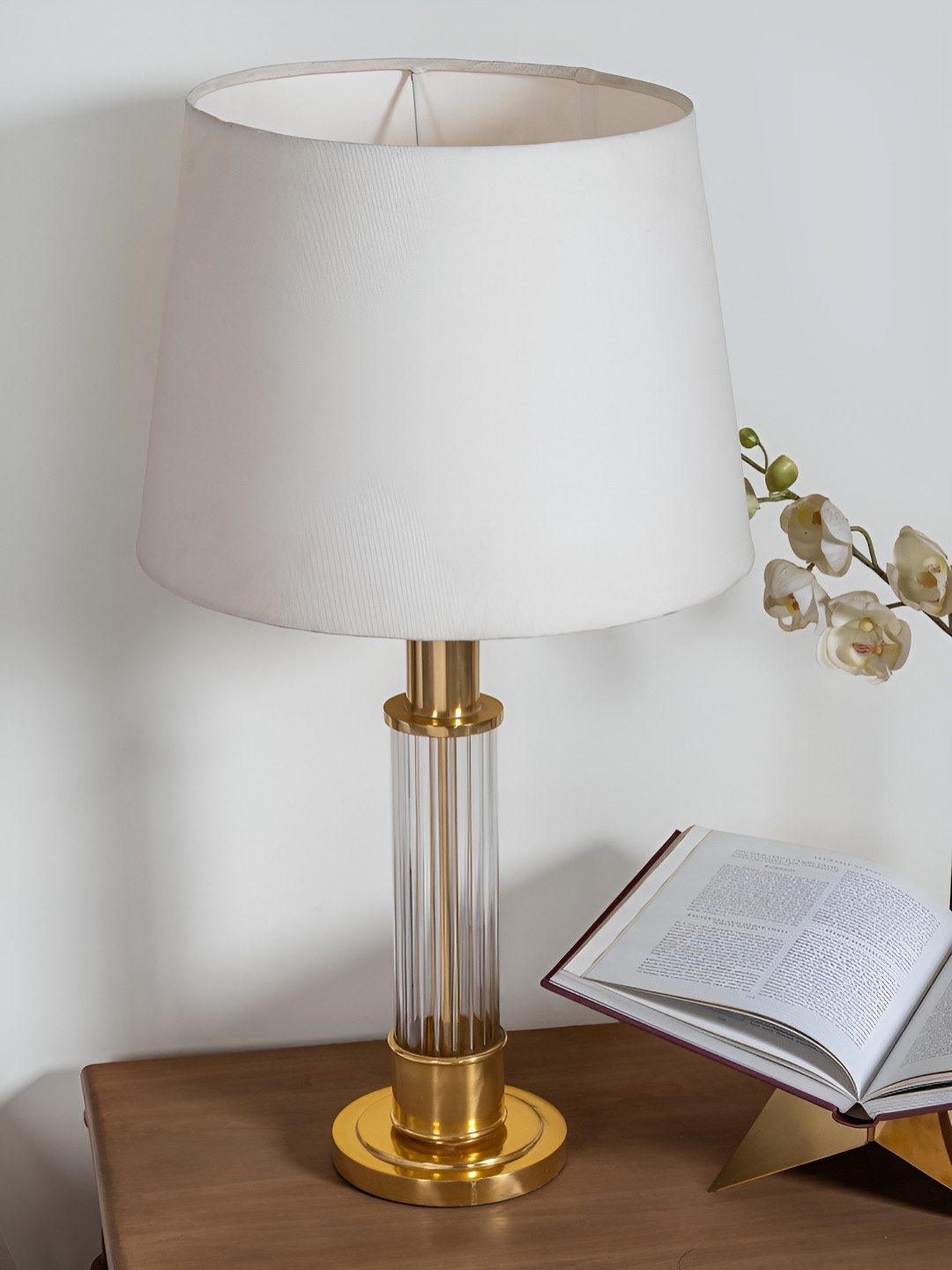 

IAAH Gold-Toned Metal Fluted Frusturical Shaped Glass Warm Light Table Lamp with Shade