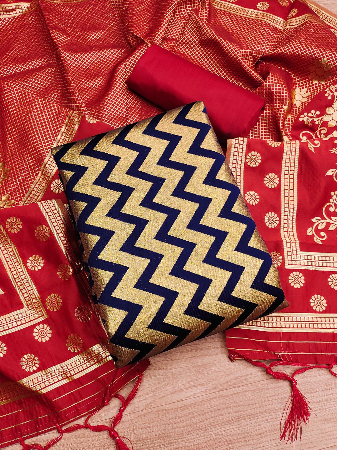 

Maroosh Chevron Embellished Banarasi Unstitched Dress Material, Navy blue