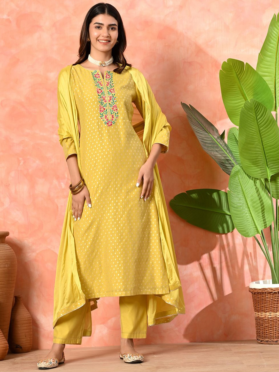 

Sangria Floral Yoke Design Notch Neck Chanderi Silk Straight Kurta With Trousers & Dupatta, Yellow