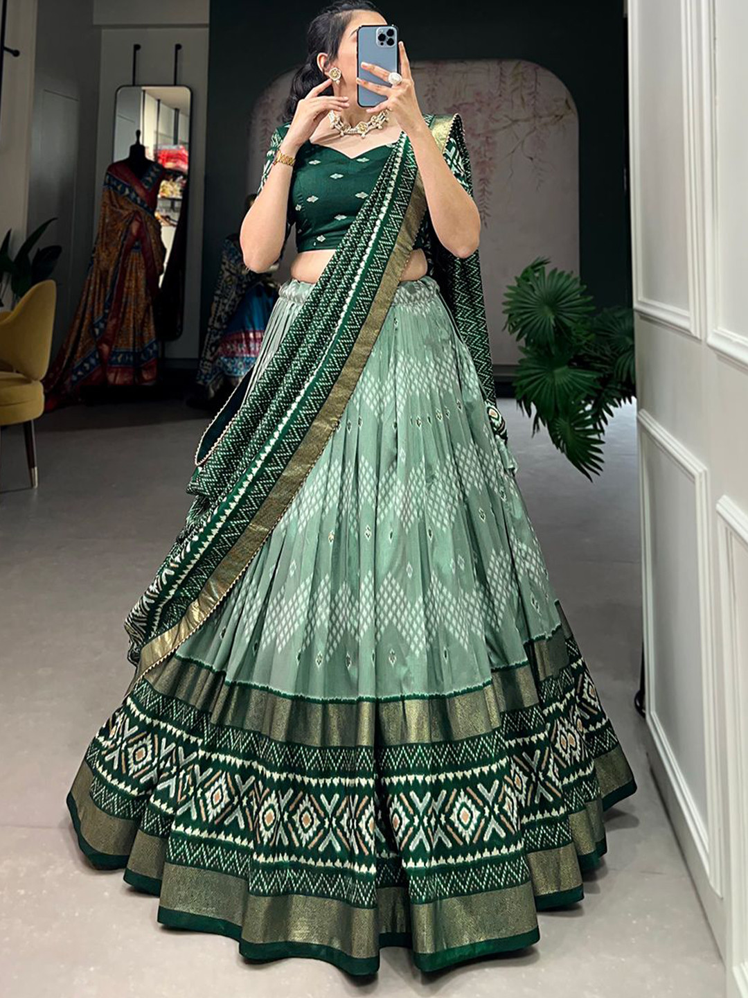

RADHVI BIZ Geomteric Printed Silk Ready to Wear Lehenga & Semi-Stitched Blouse & Dupatta, Green