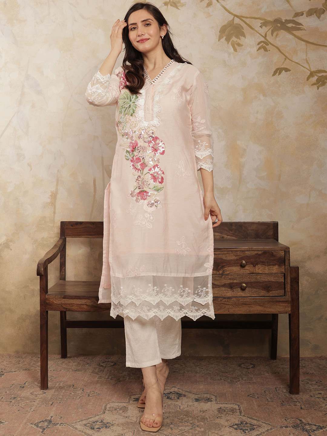 

SRIHA Floral Embroidered V-Neck Sequinned Kurta With Trousers, Peach