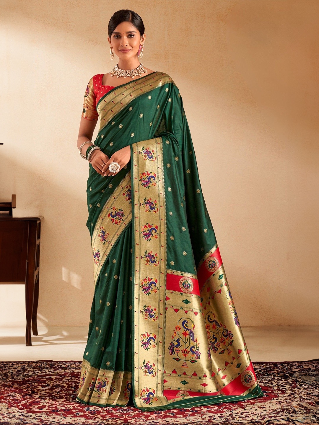 

MySilkLove Gunmetal Woven Design Zari Paithani Saree, Green