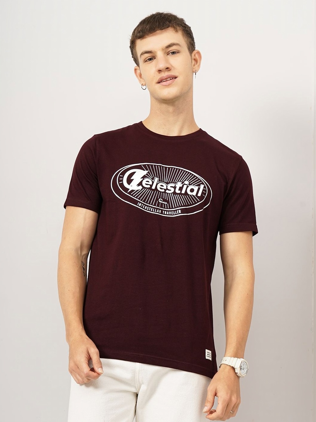 

Genoa Typography Printed Round Neck Cotton Slim Fit T-shirt, Brown