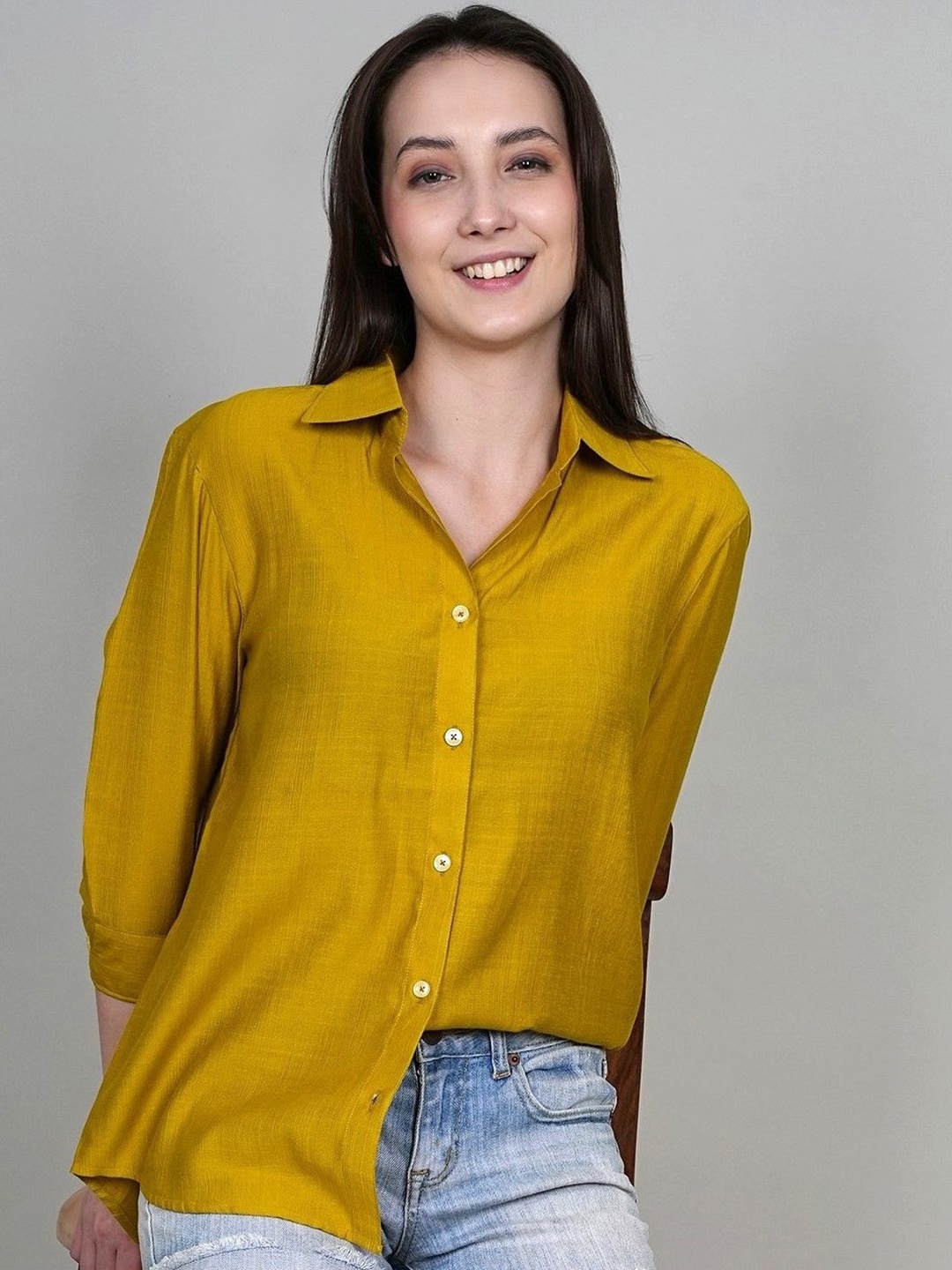 

ADBUCKS Women Spread Collar Textured Relaxed Fit Casual Shirts, Yellow