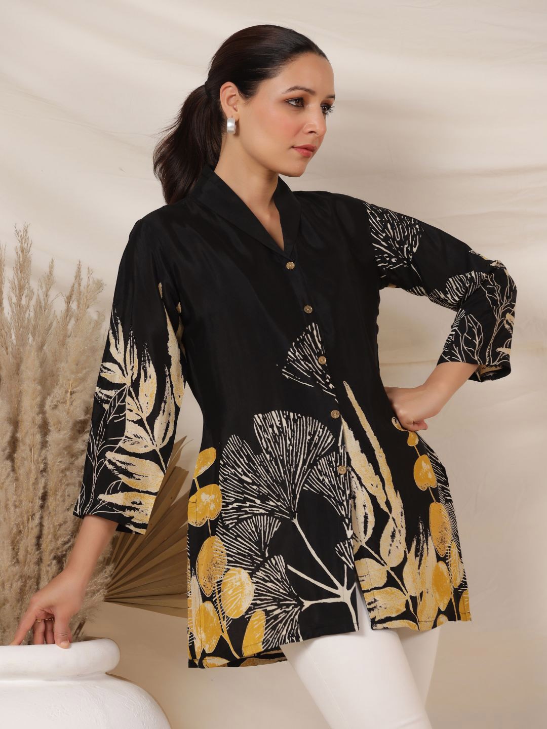 

Kaftanize Women Floral Printed Comfort Opaque Silk Casual Shirt, Black