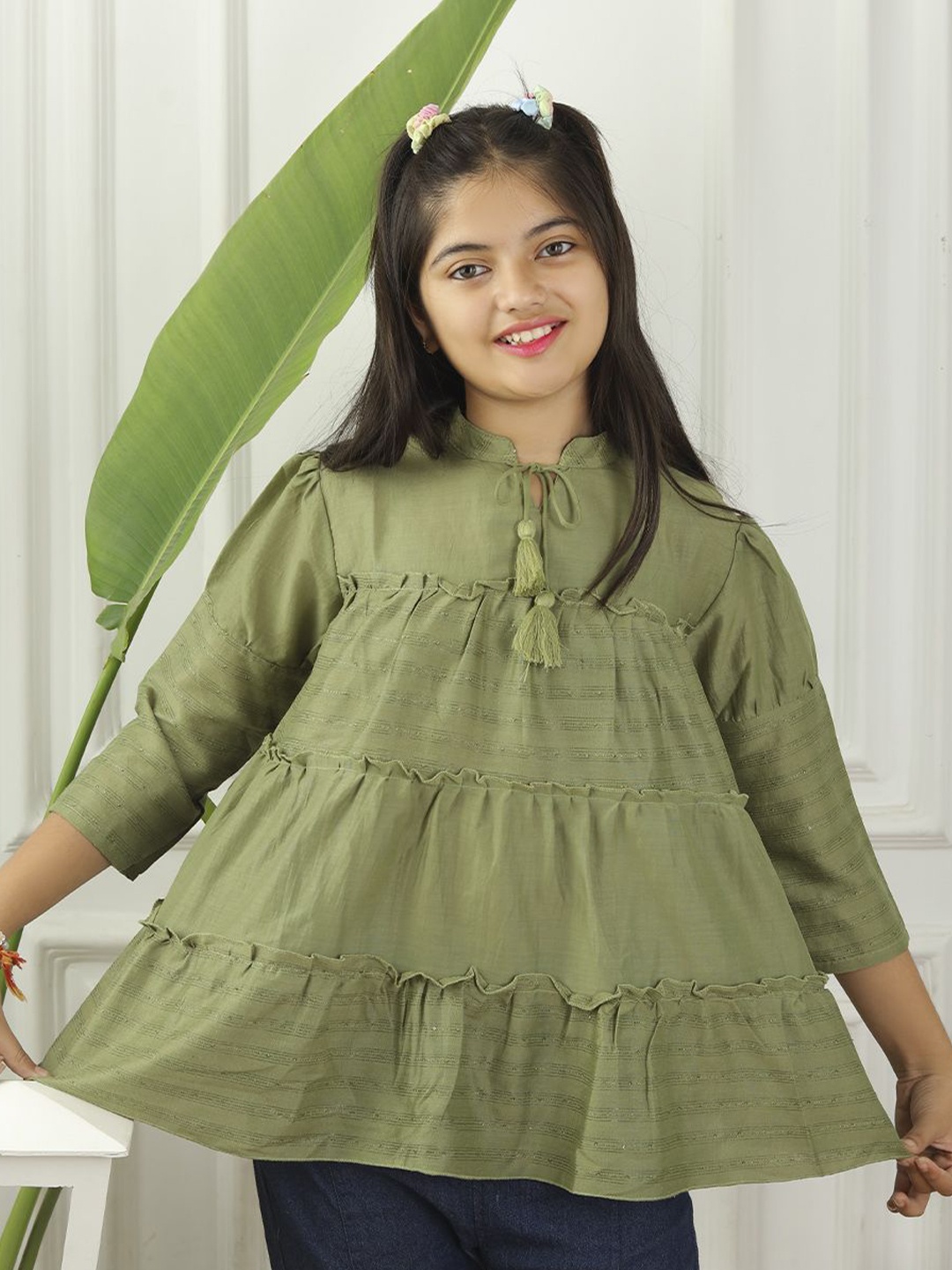 

Miss & Chief Girls Striped Tie-Up Neck Tiered A-Line Top, Olive