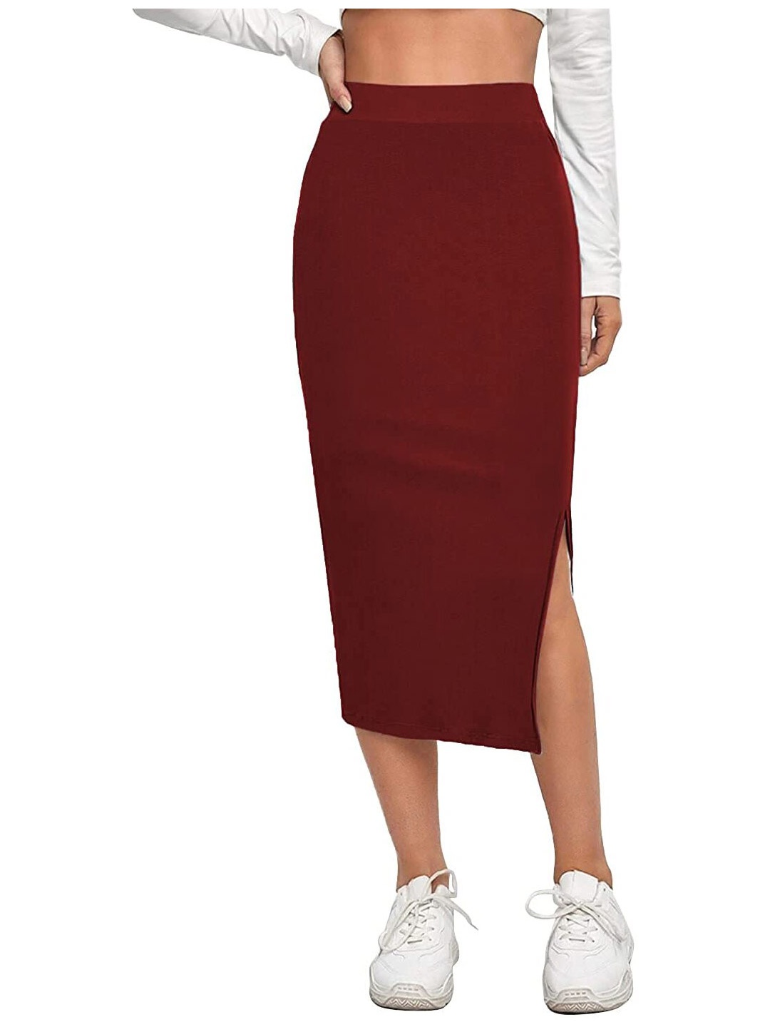 

ALYNE Women Side Slit Pencil Midi Skirt, Maroon