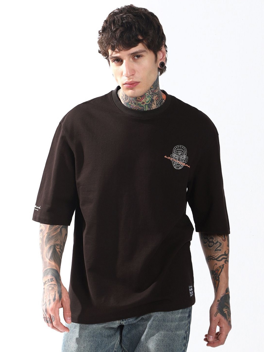 

Hubberholme Men Graphic Printed Round Neck Cotton Oversized T-shirt, Brown