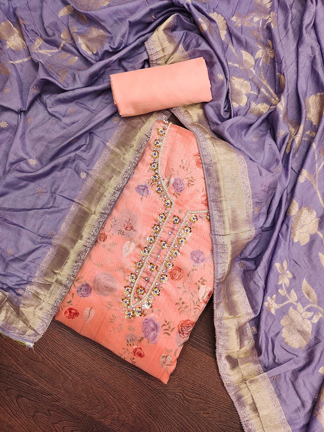 

SHADOW & SAINING Floral Printed Beads & Stones Organza Jacquard Unstitched Dress Material, Peach