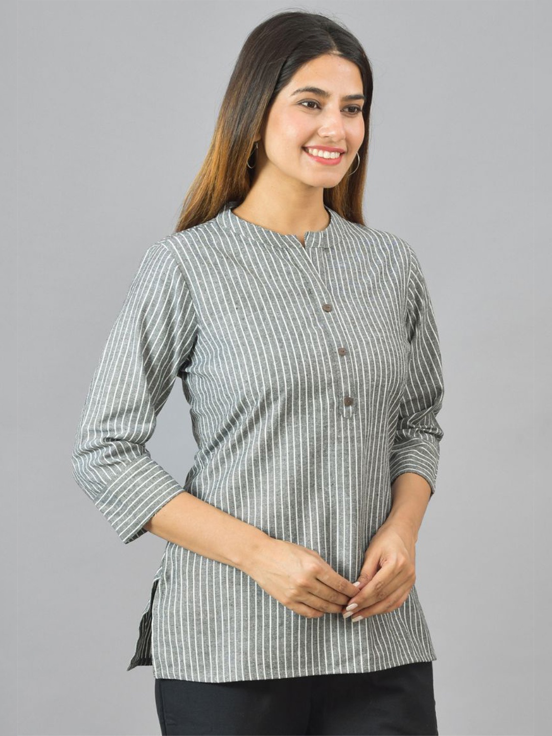 

ATARAH Women Striped Pure Cotton Straight Kurti, Grey