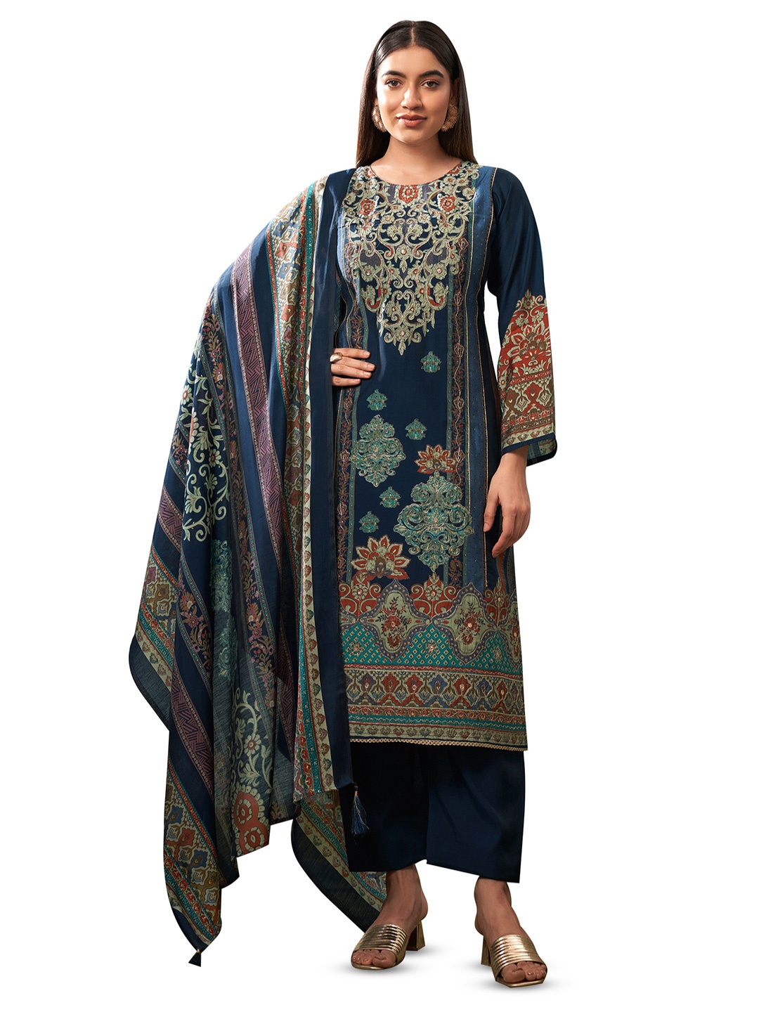 

DRAVINAM Trends Floral Embroidered Pure Cotton Unstitched Dress Material, Blue