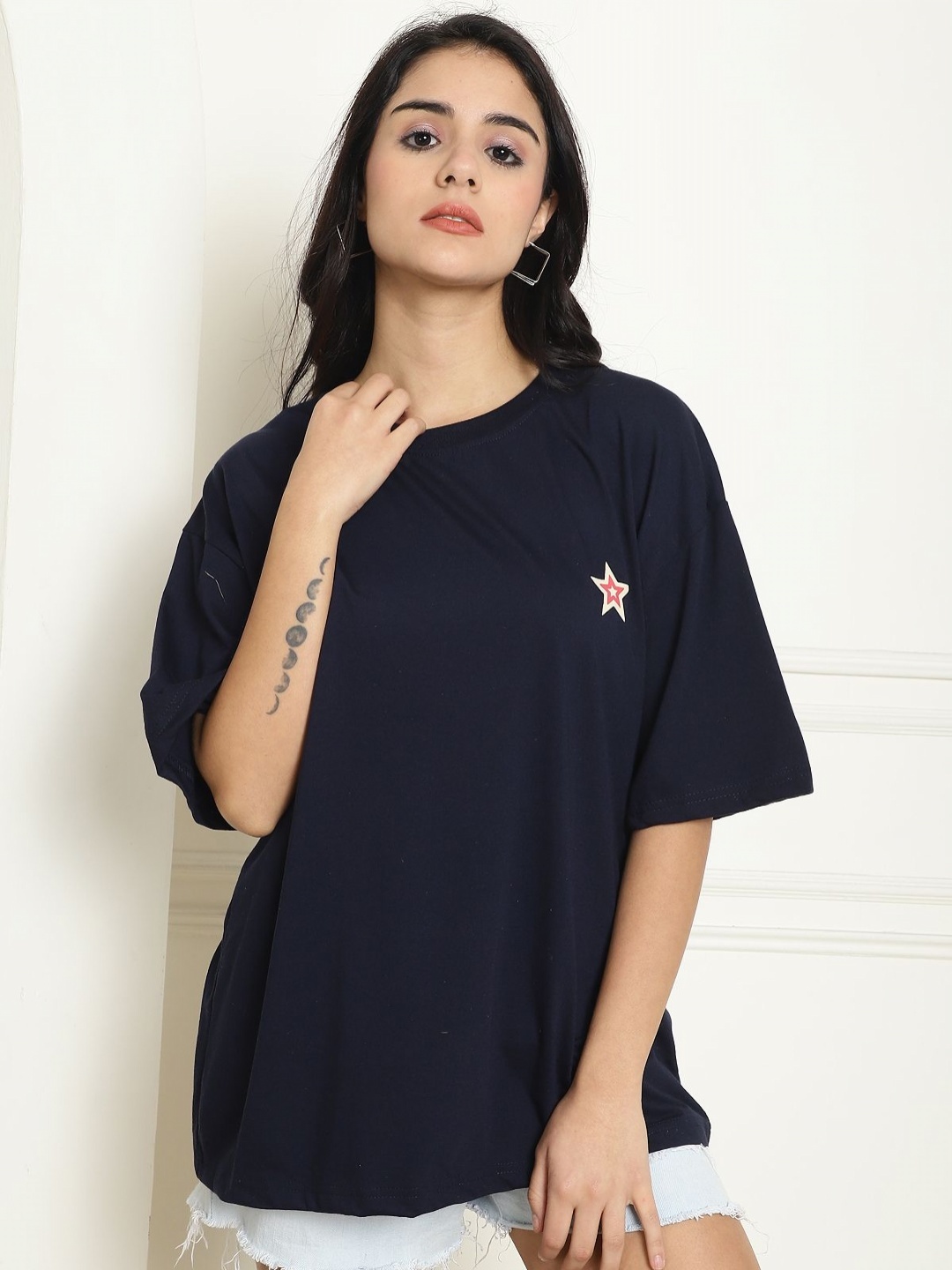 

Tromko Women Graphic Printed Round Neck Cotton Oversized T-shirt, Black
