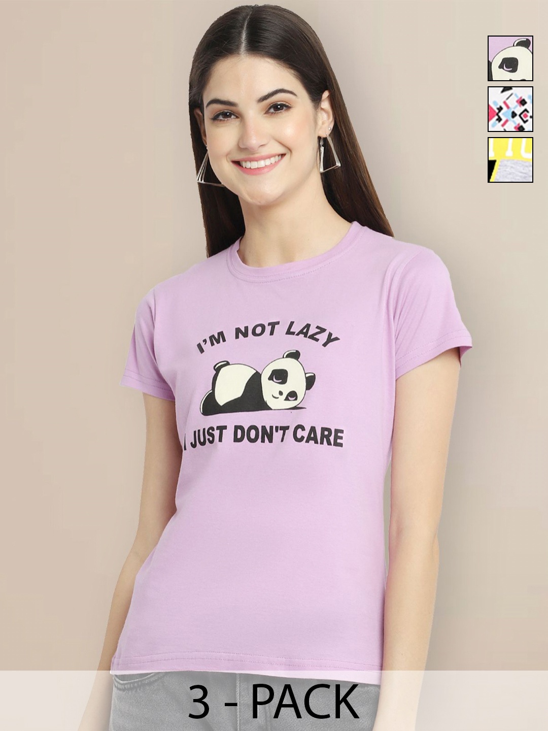 

Metronaut Women Pack of 3 Typography Printed Round Neck Cotton T-shirts, Lavender