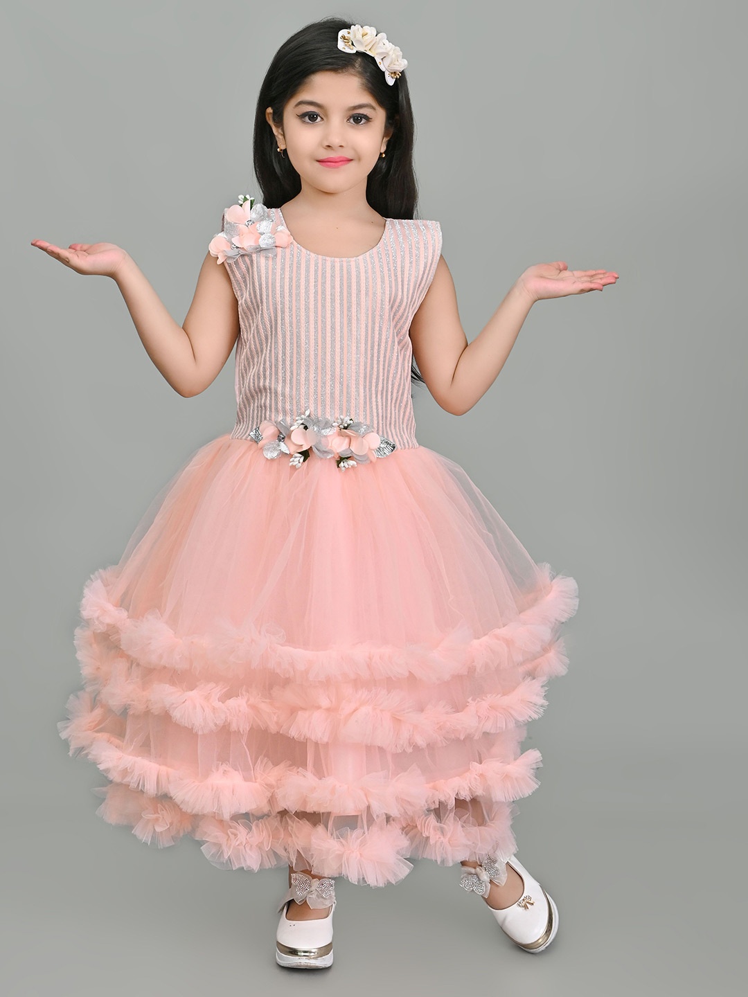 

Zenat Girls Layered Net Fit & Flare Applique Detail Tulle Dress, Peach