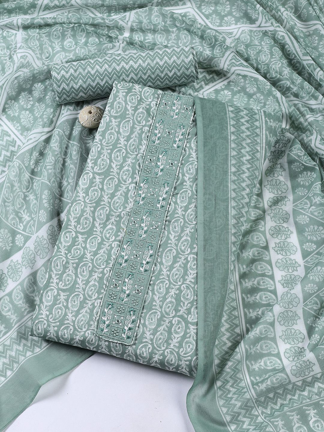 

Meena Bazaar Paisley Printed Thread Work Unstitched Dress Material, Green