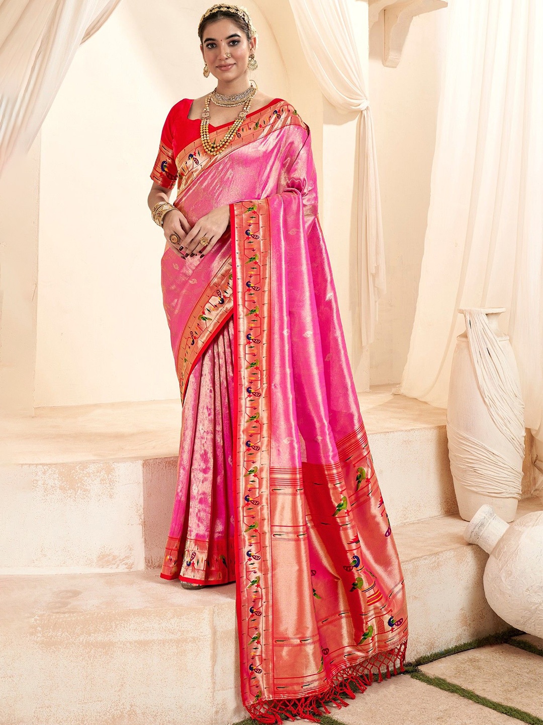 

MySilkLove Coral Pink Zari Woven Paithani Tissue Saree