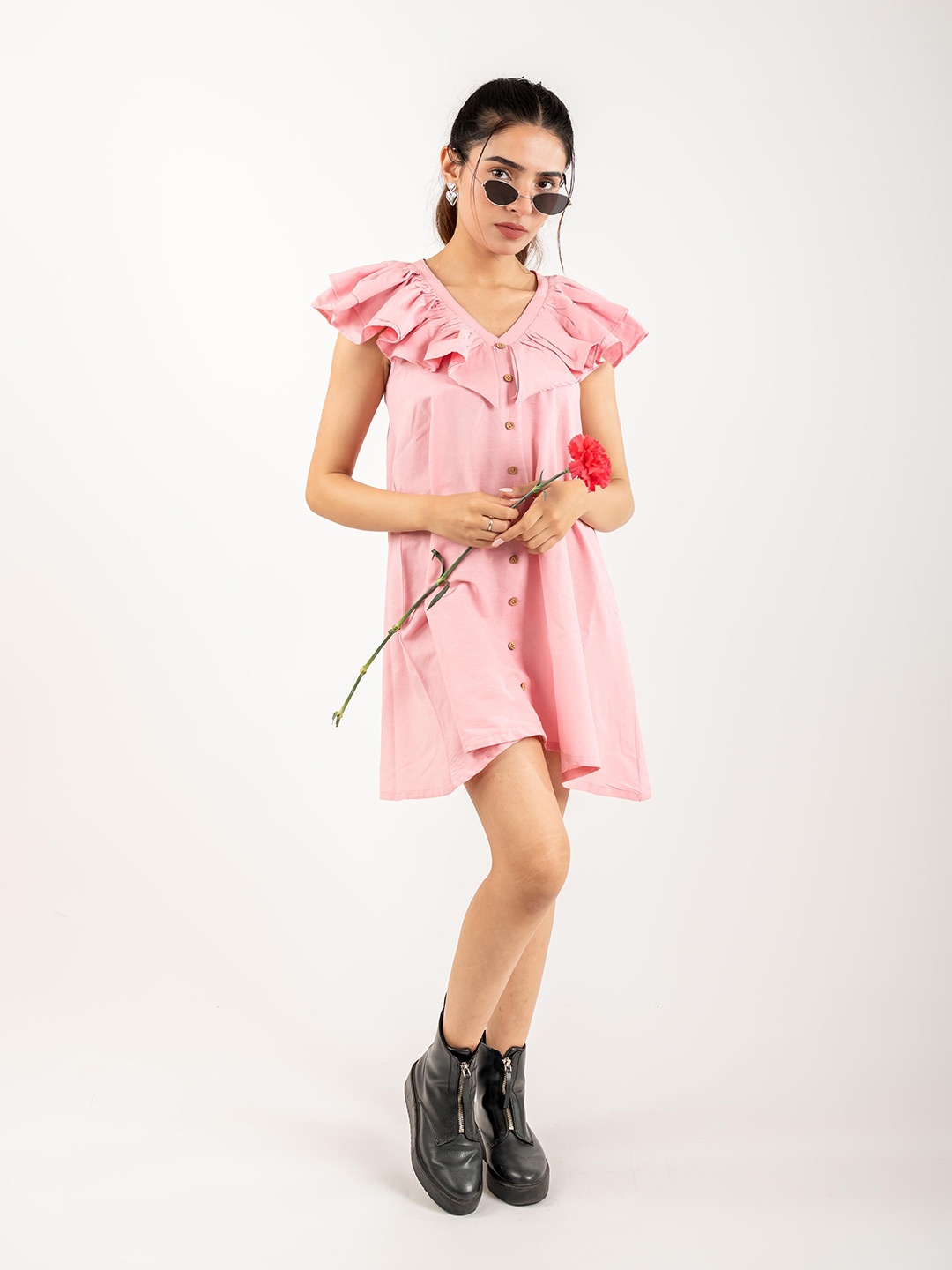 

MONOMEE Women Flared Sleeve A-Line Dress, Pink