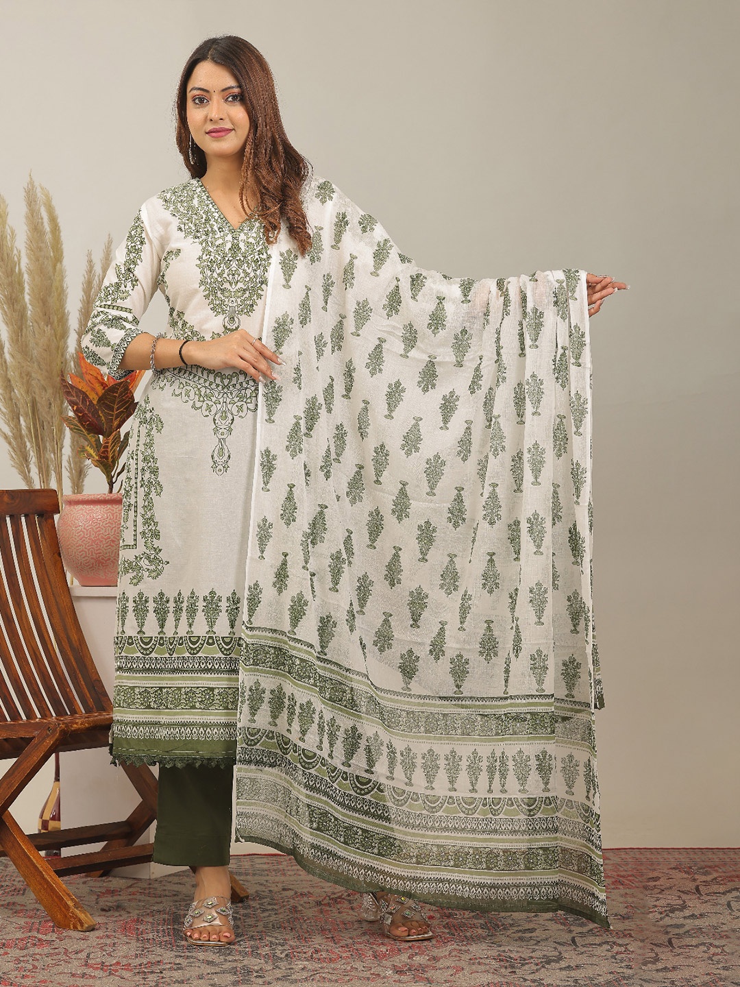 

KALINI Floral Printed V-Neck Pure Cotton A-Line Kurta With Trousers & Dupatta, White