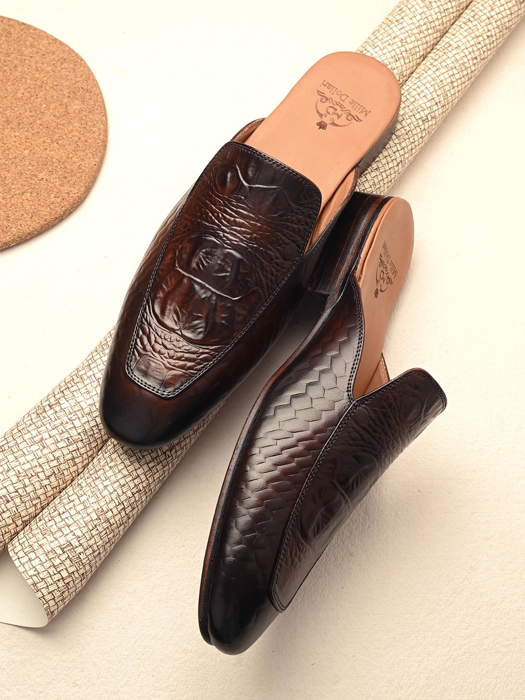 

MILLE DOLLARI Men Textured Slip-On Leather Loafers, Brown
