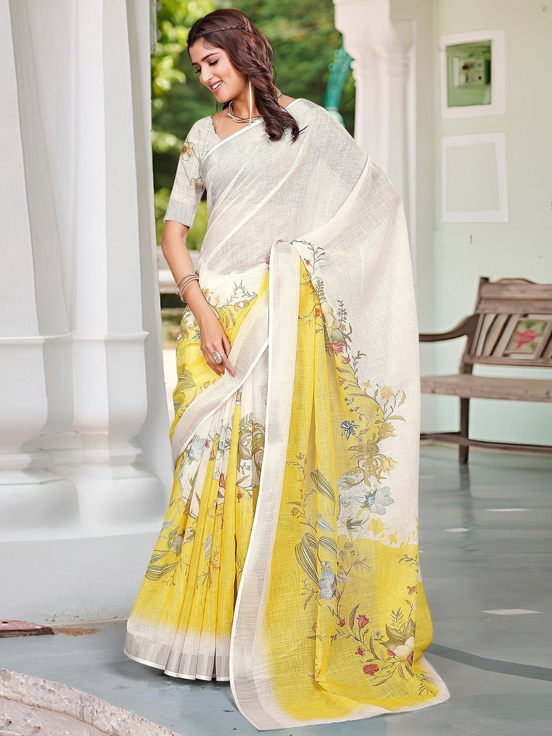 

Sarvada Floral Printed Pure Cotton Saree, White