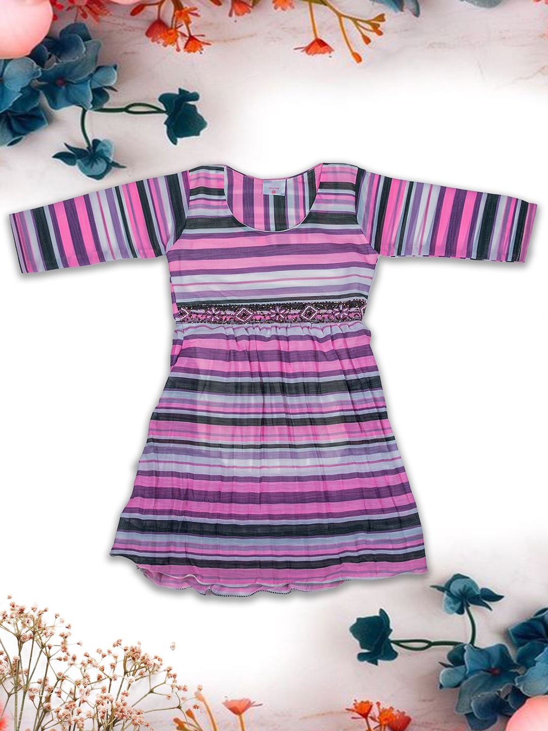

we11 Girls Striped Printed Embellished A-Line Dress, Pink